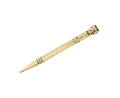 A Russian gold cased propelling pencil with Fabergé mark and 56 standard (to the clip), of hexagonal form, alternating blank 