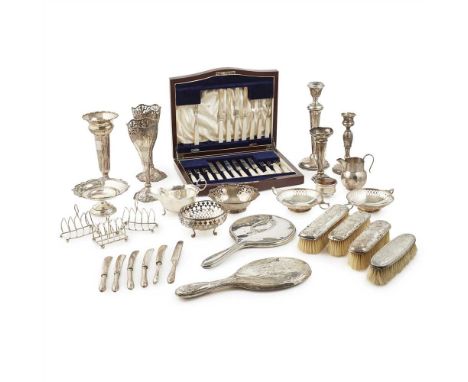 A quantity of silver, to include a cased set of mother of pearl fruit knives and forks; various dressing table brushes, mirro