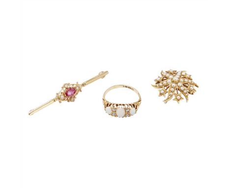 A collection of gem set jewellery to include an 18ct gold opal and diamond set ring; a 9ct gold ruby and diamond set bar broo