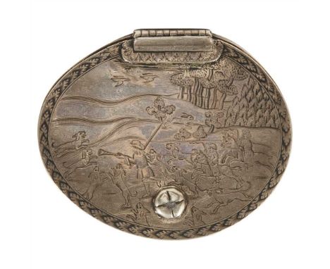 An early 18th century silver mounted cowrie shell snuff box apparently unmarked, the oval flat lid with sliding knob and an e