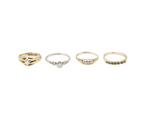 A collection of gem set ring to include an 18ct yellow gold diamond set ring, an 18ct gold five stone diamond set ring; a sin