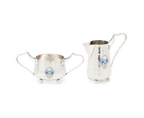 An Art Nouveau twin handled sugar basin and cream jug James Fenton &amp; Co. Birmingham 1905, with applied enamel plant form 