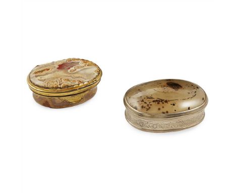 Two 18th century agate snuff boxes unmarked the oval box with plain frame work to the agate base and top, slight moulded deta