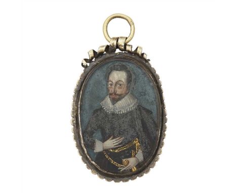 A 17th century pendant miniature Spanish school, of a nobleman wearing a coat with full ruff, and a gold belt and court sword