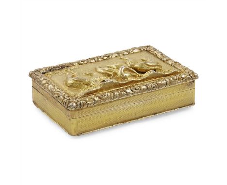 A George IV silver gilt snuff box William Simpson, Birmingham 1829, of rectangular form, the hinged cover with cast group of 