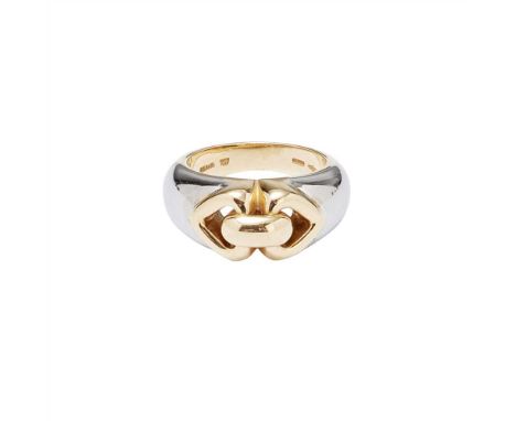 A two-tone bombé ring, Bulgari of bombé from with to interlocking pierced heart motifs, stamped 750, BVLGARI (Dimensions: Rin