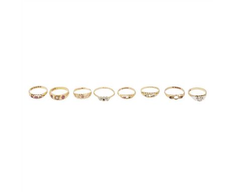 A collection of 18ct gold gem set rings to include an illusion set single stone diamond ring, a ruby and pearl set three ston