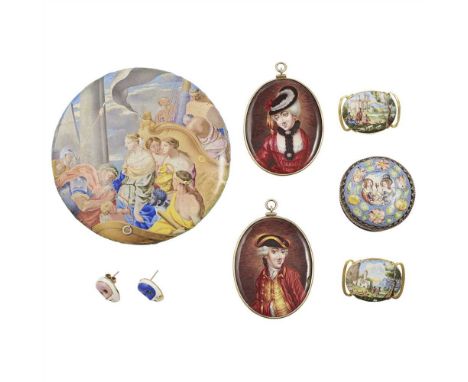 A group of enamel jewellery and other items to include; a pair of ear studs modelled as clown faces set with rose cut diamond