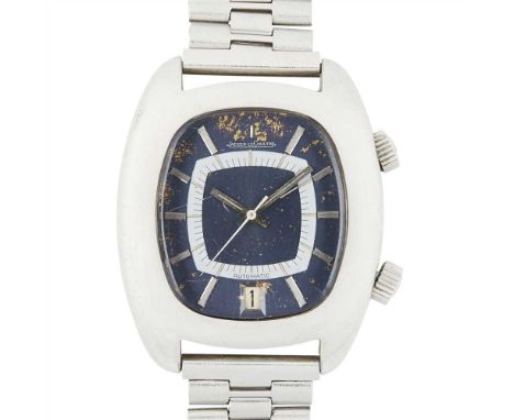 A gentleman's stainless steel wrist watch, Jaeger LeCoultre Memovox type, rounded square case, broad bezel, lapis effect dial