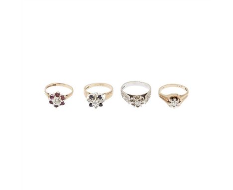 A collection of diamond set rings to include a 9ct gold sapphire and diamond set cluster ring, an 18ct white gold diamond set