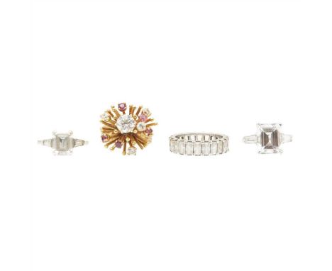 A collection of paste set rings to include a 9ct yellow gold paste and red gem set cluster ring; a paste set eternity ring, i