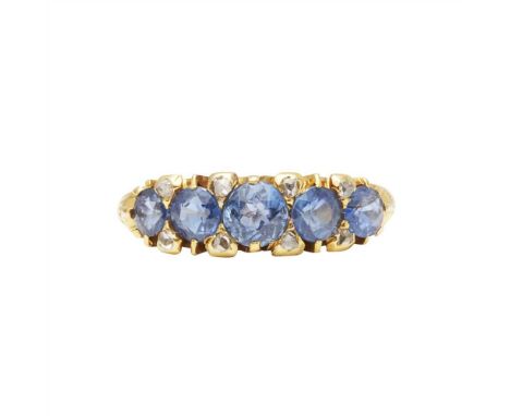 A sapphire and diamond set five stone ring claw set with a row of graduated round-cut sapphires, with rose-cut diamond detail