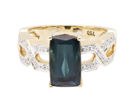 A green tourmaline and diamond set ring claw set with a rectangular mixed-cut bluish-green tourmaline, the pierced geometric 