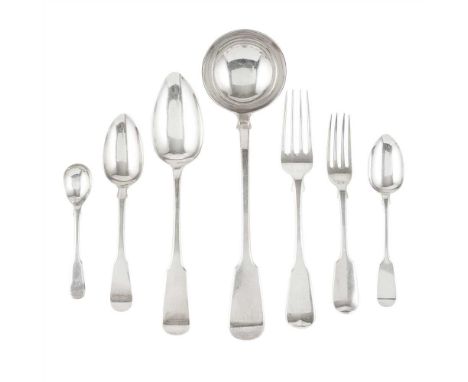 A matched part set of flatware various dates and makers, various engraved crests and initials, fiddle pattern comprising; twe