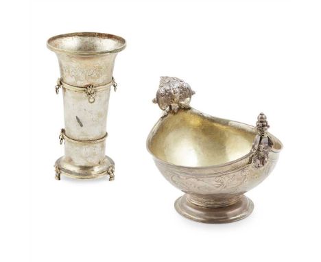 An early 18th century Scandinavian silver gilt beaker maker's mark only, slight everted rim, lower gilt band with ring and ma