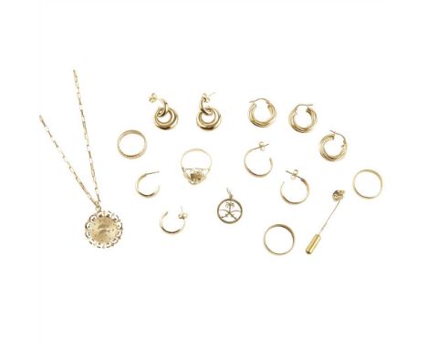 A collection of jewellery to include three 9ct gold wedding rings, a pair of 9ct gold pendant earrings and a 9ct gold sapphir