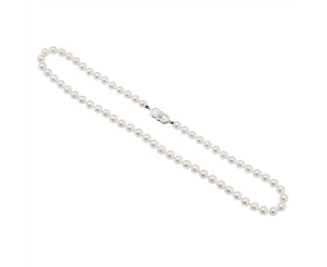 A single strand of cultured pearls, Mikimoto composed of a single strand of uniform cultured pearls, to a stylised bow clasp,