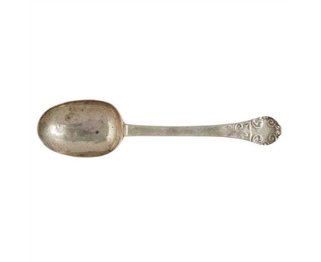 A late 17th century lace back trefid spoon Lawrence Cole, London circa 1690, scroll decorated terminal, initials to back, lac