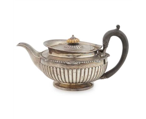 A George IV teapot Thomas Burwash, London 1822, of circular form, fluting to body with gadrooned border, the C scroll handle 