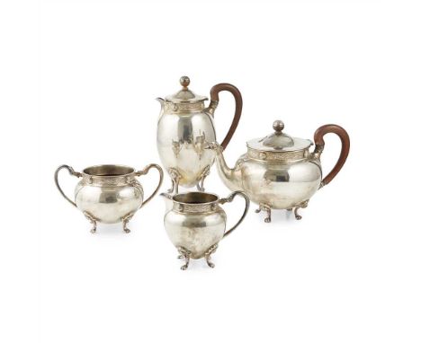 A four piece tea service Brook &amp; Sons, Edinburgh 1924, comprising water pot, teapot, twin handled sugar basin and milk ju