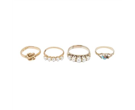 Four gem set rings to include an 18ct gold knotted ring, a pearl and turquoise set ring, unmarked; and two indistinctly marke