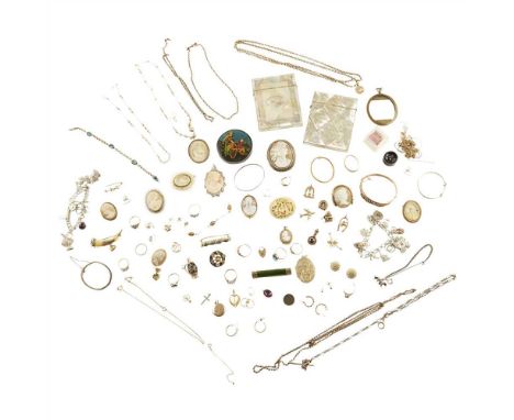 A collection of jewellery to include two three stone diamond set rings, a 9ct gold sapphire and diamond set cluster ring; a 9