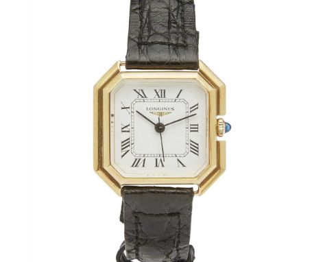 An 18ct gold wrist watch, Longines probably 1970s, the moulded yellow gold case of square form with angled corners, white dia