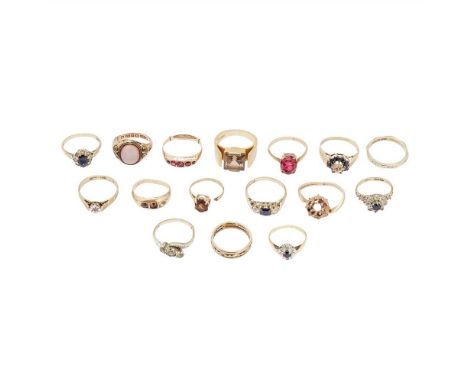 A collection of 9ct gold gem set rings to include a large citrine set cocktail ring, an agate set signet ring; a plain octago