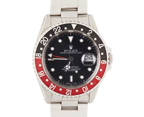 A gentleman's stainless steel wrist watch, Rolex GMT Master II, 16710, 'Coke' bezel, black dial with sweep second hand, date 