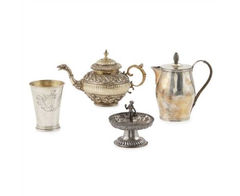 A group of Dutch 18th and 19th century silver to include: a Dutch silver hot milk jug, mark of A. Dingemans, the Hague 1799, 