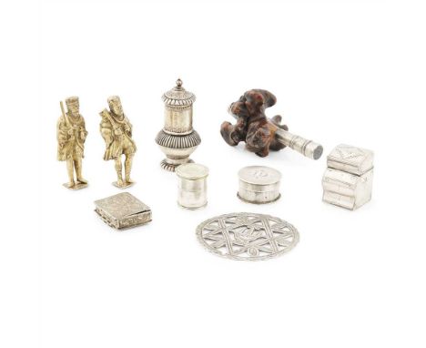An interesting group of small objets de vertu comprising; a small 18th century counter box, makers mark only IG, pull off cov