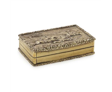 A George IV silver gilt snuff box Joseph Wilmore, Birmingham 1829, of rectangular form, the hinged cover with a scene of hare
