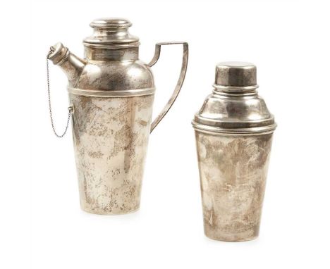 A modern cocktail shaker James Dixon &amp; Sons Ltd, Sheffield 1933, of tapered form, threaded border to waist, the angular h