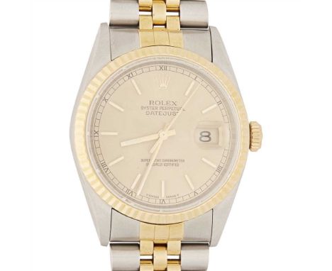 A stainless steel and gold wrist watch, Rolex Oyster Perpetual Datejust, Ref. 16233, champagne dial, sweep second hand, baton