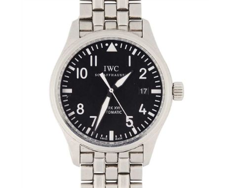 A stainless steel wrist watch, IWC Fliegeruhr MK XVI, pilot's watch, plain stainless steel case, black dial with clear Arabic
