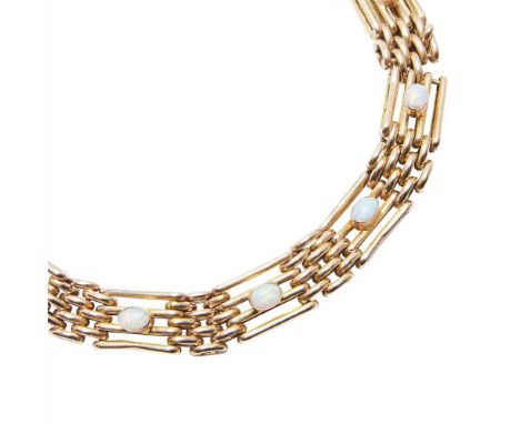 An opal set bracelet composed of gate links, set at intervals with collet set opals, concealed clasp stamped 9ct 375 (Dimensi