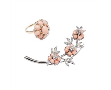 A coral and diamond set ring and brooch the ring composed of nine coral cabochons, and eight-cut diamond details, to an unmar