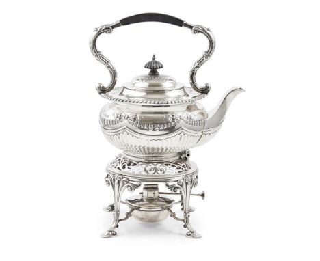 An Edwardian spirit kettle and stand J. Dixon, Sheffield, 1906, the teapot of circular form, gadrooned border, fixed scroll a