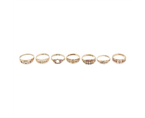 A collection of 15ct gold gem set rings to include a five stone diamond-chip set ring, a sapphire and pearl set ring; a multi