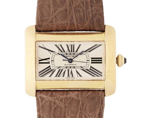 A lady's 18ct gold cased wrist watch, Cartier Large Tank Divan, ref. no. 2603, polished broad rectangular case, guilloche typ