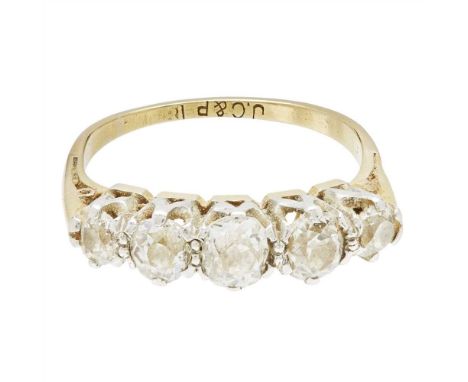 A five stone diamond set ring claw set with five graduated round brilliant-cut diamonds, to a plain yellow metal shank; toget