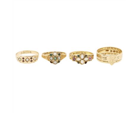 A collection of rings to include an 18ct gold multi-gem set cluster ring, and 18ct gold ring with applied shield motif; and t