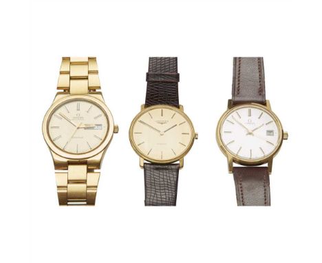 A group of three gentleman's watches, Omega and Longines Omega Geneve, gilt cased and matching bracelet, the champagne dial w