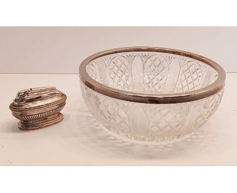 A PLATED GLASS FRUIT BOWL &amp; A RONSON TABLE LIGHTER