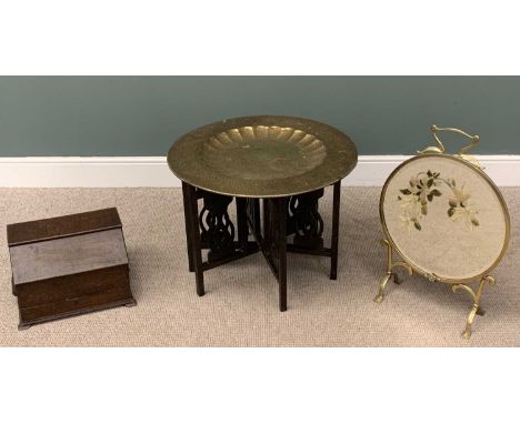 VARIOUS SMALL FURNITURE including brass Benares table with large tray, 75cms (diam), a brass mirrored firescreen and a Bible 