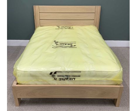 MODERN LIGHT OAK EFFECT DOUBLE BED FRAME, 4ft 6in, rarely used and with mattress, 104 (h) x 146 (w) x 202cms (d)Provenance: p