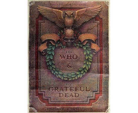 The Who and The Grateful Dead - a vintage Oakland Stadium 1976 concert poster. Rolled. Creases and tears are present.Measures