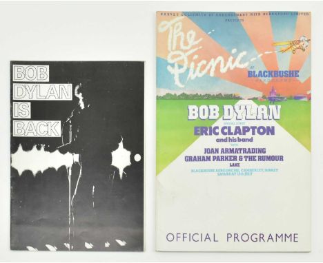 Bob Dylan - two music programmes / booklets to include Bob Dylan Is Back and Blackbushe Festival Programme 1978 featuring Eri