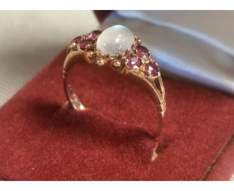 9ct Gold Ruby &amp; Moonstone Dress Ring - size N