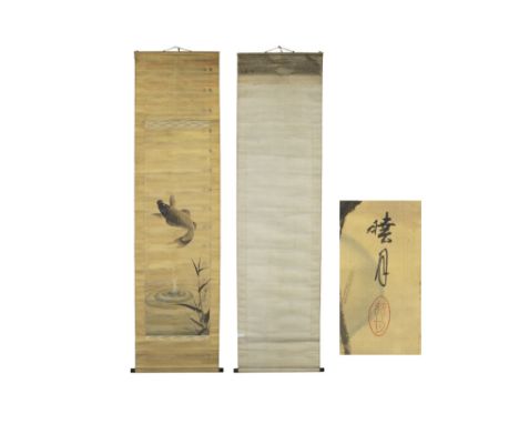antique Chinese scroll with a "koi fish" painting  || Antieke Chinese scroll met schildering met koi  -  180 x 47 